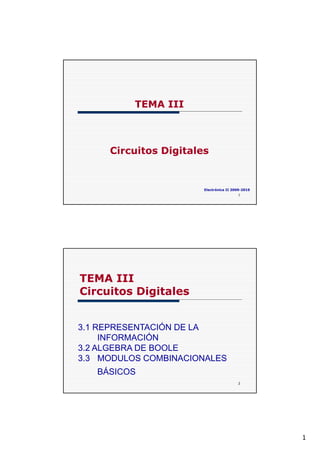 TEMA III



     Circuitos Digitales


                       Electrónica II 2009-2010
                                        1




TEMA III
Circuitos Digitales
            g


3.1 REPRESENTACIÓN DE LA
     INFORMACIÓN
3.2
3 2 ALGEBRA DE BOOLE
3.3 MODULOS COMBINACIONALES
   BÁSICOS
                                        2




                                                  1
 