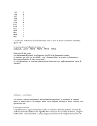 1100          0
1011          1
1010          0
1001          0
1000          0
0111          1
0110          0
0101          0
0100          0
0011          0
0010          0
0001          0
0000          0

Las funciones booleanas se pueden representar como la suma de productos mínimos (minterms)
iguales a 1.

En nuestro ejemplo la función booleana será:
f(A,B,C,D) = ABCD + ABCD' + ABC'D + AB'CD + A'BCD

Diagramas De Karnaugh
Los diagramas de Karnaugh se utilizan para simplificar las funciones booleanas.
Se construye una tabla con las variables y sus valores posibles y se agrupan los 1 adyacentes,
siempre que el número de 1 sea potencia de 2.
En esta página tienes un programa para minimización de funciones booleanas mediante mapas de
Karnaugh




Aplicación e Importancia:

Los circuitos combinacionales son la base de muchos componentes en un sistema de cómputo
básico, se puede construir circuitos para sumar, restar, comparar, multiplicar, dividir y muchas otras
aplicaciones más.

Circuitos Secuenciales
Un problema con la lógica secuencial es su falta de "memoria". En teoría, todas las funciones de
salida en un circuito combinacional dependen del estado actual de los valores de entrada, cualquier
cambio en los valores de entrada se refleja (después de un intervalo de tiempo llamado retardo de
 