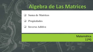 Algebra de Las Matrices
 Suma de Matrices
 Propiedades
 Inverso Aditivo

Matemática
11ºG

 