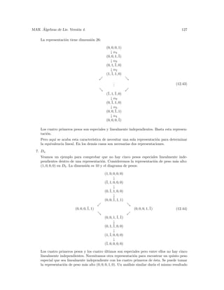 ´
MAR. Algebras de Lie. Versi´n 4.
                           o                                                                    127

     La representaci´n tiene dimensi´n 26:
                    o               o

                                               (0, 0, 0, 1)
                                                  ↓ α4
                                               (0, 0, 1, ¯
                                                         1)
                                                  ↓ α3
                                               (0, 1, ¯ 0)
                                                      1,
                                                  ↓ α2
                                               (1, ¯ 1, 0)
                                                   1,

                                                     .
                                                     .                                      (12.43)
                                                     .

                                               (1, 1, ¯ 0)
                                                ¯ 1,
                                                  ↓ α2
                                               (0, ¯ 1, 0)
                                                   1,
                                                  ↓ α3
                                               (0, 0, ¯ 1)
                                                      1,
                                                  ↓ α4
                                               (0, 0, 0, ¯
                                                         1)

     Los cuatro primeros pesos son especiales y linealmente independientes. Basta esta represen-
     taci´n.
         o
     Pero aqu´ se acaba esta caracter´
              ı                        ıstica de necesitar una sola representaci´n para determinar
                                                                                o
     la equivalencia lineal. En los dem´s casos son necesarias dos representaciones.
                                        a
  7. Dn
     Veamos un ejemplo para comprobar que no hay cinco pesos especiales linealmente inde-
     pendientes dentro de una representaci´n. Consideremos la representaci´n de peso m´s alto:
                                              o                           o           a
     (1, 0, 0, 0) en D5 . La dimensi´n es 10 y el diagrama de pesos:
                                    o

                                              (1, 0, 0, 0, 0)
                                                     ↓
                                              (¯ 1, 0, 0, 0)
                                               1,
                                                     ↓
                                              (0, ¯ 1, 0, 0)
                                                  1,
                                                     ↓
                                              (0, 0, ¯ 1, 1)
                                                     1,

                           (0, 0, 0, ¯ 1)
                                     1,                          (0, 0, 0, 1, ¯
                                                                              1)            (12.44)

                                              (0, 0, 1, ¯ ¯
                                                        1, 1)
                                                     ↓
                                              (0, 1, ¯ 0, 0)
                                                     1,
                                                     ↓
                                              (1, ¯ 0, 0, 0)
                                                  1,
                                                     ↓
                                              (¯ 0, 0, 0, 0)
                                               1,

     Los cuatro primeros pesos y los cuatro ultimos son especiales pero entre ellos no hay cinco
                                              ´
     linealmente independientes. Necesitamos otra representaci´n para encontrar un quinto peso
                                                                   o
     especial que sea linealmente independiente con los cuatro primeros de ´sta. Se puede tomar
                                                                                e
     la representaci´n de peso m´s alto (0, 0, 0, 1, 0). Un an´lisis similar dar´ el mismo resultado
                    o            a                            a                 ıa
 