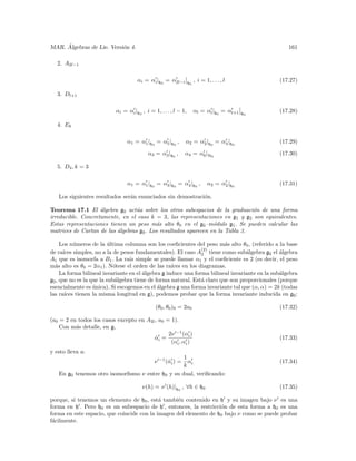 ´
MAR. Algebras de Lie. Versi´n 4.
                           o                                                                       161

   2. A2l−1

                                     αi = αi |h0 = α2l−i         h0
                                                                      , i = 1, . . . , l        (17.27)

   3. Dl+1

                           αi = αi |h0 , i = 1, . . . , l − 1,        αl = αl |h0 = αl+1   h0
                                                                                                (17.28)

   4. E6

                                α1 = α1 |h0 = α5 |h0 ,        α2 = α2 |h0 = α4 |h0              (17.29)

                                          α3 = α3 |h0 ,       α4 = α6 |H0                       (17.30)

   5. D4 , k = 3

                                α1 = α1 |h0 = α3 |h0 = α4 |h0 ,              α2 = α2 |h0        (17.31)

   Los siguientes resultados ser´n enunciados sin demostraci´n.
                                a                           o

Teorema 17.1 El ´lgebra g¯ act´a sobre los otros subespacios de la graduaci´n de una forma
                    a        0    u                                              o
irreducible. Concretamente, en el caso k = 3, las representaciones en g¯ y g¯ son equivalentes.
                                                                          1    2
Estas representaciones tienen un peso m´s alto θ0 en el g¯ –m´dulo g¯ . Se pueden calcular las
                                          a                  0   o      1
matrices de Cartan de las ´lgebras g¯ . Los resultados aparecen en la Tabla 3.
                          a         0

     Los n´meros de la ultima columna son los coeﬁcientes del peso m´s alto θ0 , (referido a la base
           u              ´                                              a
                                                                 (2)
de ra´ simples, no a la de pesos fundamentales). El caso A2 tiene como sub´lgebra g¯ el ´lgebra
      ıces                                                                        a         0   a
A1 que es isomorfa a B1 . La ra´ simple se puede llamar α1 y el coeﬁciente es 2 (es decir, el peso
                                  ız
m´s alto es θ0 = 2α1 ). N´tese el orden de las ra´
  a                         o                       ıces en los diagramas.
     La forma bilineal invariante en el ´lgebra g induce una forma bilineal invariante en la sub´lgebra
                                        a                                                       a
g¯ , que no es la que la sub´lgebra tiene de forma natural. Est´ claro que son proporcionales (porque
 0                          a                                    a
esencialmente es unica). Si escogemos en el ´lgebra g una forma invariante tal que (α, α) = 2k (todas
                   ´                          a
las ra´ tienen la misma longitud en g), podemos probar que la forma invariante inducida en g¯ :
       ıces                                                                                          0

                                              (θ0 , θ0 )0 = 2a0                                 (17.32)

(a0 = 2 en todos los casos excepto en A2l , a0 = 1).
    Con m´s detalle, en g,
          a
                                                2ν −1 (αi )
                                         αi =
                                          ˆ                                                     (17.33)
                                                 (αi , αi )
y esto lleva a:
                                                  1
                                              ν −1 (ˆ i ) =
                                                    α
                                                    α                                           (17.34)
                                                  k i
   En g¯ tenemos otro isomorﬁsmo ν entre h0 y su dual, veriﬁcando:
       0

                                       ν(h) = ν (h)|h0 , ∀h ∈ h0                                (17.35)

porque, si tenemos un elemento de h0 , est´ tambi´n contenido en h y su imagen bajo ν es una
                                            a      e
forma en h . Pero h0 es un subespacio de h , entonces, la restricci´n de esta forma a h0 es una
                                                                   o
forma en este espacio, que coincide con la imagen del elemento de h0 bajo ν como se puede probar
f´cilmente.
 a
 