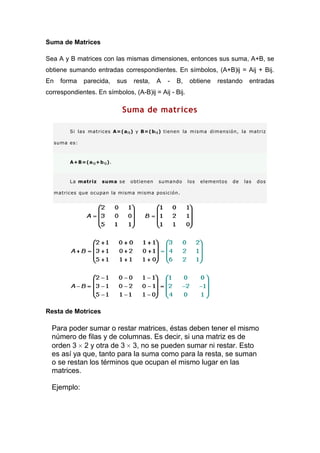 Suma de Matrices

Sea A y B matrices con las mismas dimensiones, entonces sus suma, A+B, se
obtiene sumando entradas correspondientes. En símbolos, (A+B)ij = Aij + Bij.
En     forma    parecida,        sus    resta,    A   -   B,   obtiene    restando      entradas
correspondientes. En símbolos, (A-B)ij = Aij - Bij.

                                  Suma de matrices

          Si las matrices A=(a i j ) y B=(b i j ) tienen la misma dimensión, la matriz

     suma es:



          A+B=(a i j +b i j ).



          La matriz      suma se       obtienen   sumando      los   elementos   de   las   dos

     matrices que ocupan la misma misma posición.




Resta de Motrices

  Para poder sumar o restar matrices, éstas deben tener el mismo
  número de filas y de columnas. Es decir, si una matriz es de
  orden 3 2 y otra de 3 3, no se pueden sumar ni restar. Esto
  es así ya que, tanto para la suma como para la resta, se suman
  o se restan los términos que ocupan el mismo lugar en las
  matrices.

  Ejemplo:
 