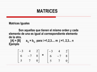 Matrices Iguales
Son aquellas que tienen el mismo orden y cada
elemento de una es igual al correspondiente elemento
de la otra.
[A] = [B] ai,j = bi,j para i =1,2,3.... m j =1, 2,3... n
Ejemplo










−
−
0
7
5
8
7
6
2
4
3










−
−
0
7
5
8
7
6
2
4
3
=
MATRICES
 