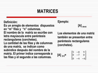 Definición:
Es un arreglo de elementos dispuestos
en “m” filas y “n” columnas.
El nombre de la matriz se escribe con
letra mayúscula entre paréntesis
rectangulares (corchetes).
La cantidad de las filas y de columnas
de una matriz, se indican como
subíndice después del nombre de la
matriz. El primer índice corresponde a
las filas y el segundo a las columnas.
Ejemplo:
[A] mxn
Los elementos de una matriz
también se presentan entre
paréntesis rectangulares
(corchetes).
5 −8 9
0 −7 0
0 −4 −6
[A] 3X3=
MATRICES
 