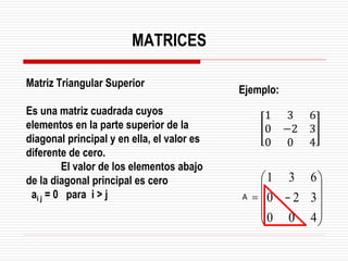 Matriz Triangular Superior
Es una matriz cuadrada cuyos
elementos en la parte superior de la
diagonal principal y en ella, el valor es
diferente de cero.
El valor de los elementos abajo
de la diagonal principal es cero
ai j = 0 para i > j
Ejemplo:
1 3 6
0 −2 3
0 0 4
MATRICES
÷
÷
÷
ø
ö
ç
ç
ç
è
æ
-
=
4
0
0
3
2
0
6
3
1
T
A
 