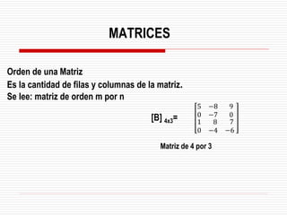 Orden de una Matriz
Es la cantidad de filas y columnas de la matriz.
Se lee: matriz de orden m por n
Matriz de 4 por 3
5 −8 9
0 −7 0
1
0
8
−4
7
−6
[B] 4x3=
MATRICES
 