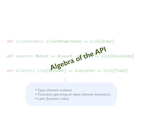 def clientOrders: ClientOrderSheet => List[Order]
def execute: Market => Account => Order => List[Execution]
def allocate: List[Account] => Execution => List[Trade]
•Types (domain entities)
• Functions operating on types (domain behaviors)
• Laws (business rules)
Algebra of the API
 