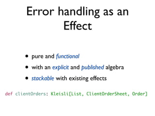 Error handling as an
Effect
• pure and functional
• with an explicit and published algebra
• stackable with existing effects
def clientOrders: Kleisli[List, ClientOrderSheet, Order]
 