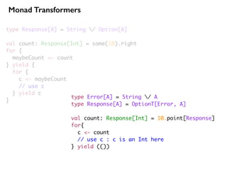 type Response[A] = String / Option[A]
val count: Response[Int] = some(10).right
for {
maybeCount <- count
} yield {
for {
c <- maybeCount
// use c
} yield c
}
type Error[A] = String / A
type Response[A] = OptionT[Error, A]
val count: Response[Int] = 10.point[Response]
for{
c <- count
// use c : c is an Int here
} yield (())
Monad Transformers
 
