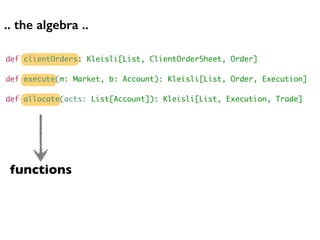 def clientOrders: Kleisli[List, ClientOrderSheet, Order]
def execute(m: Market, b: Account): Kleisli[List, Order, Execution]
def allocate(acts: List[Account]): Kleisli[List, Execution, Trade]
.. the algebra ..
functions
 