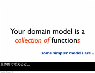 Your domain model is a
collection of functions
some simpler models are ..
具体例で考えると...
Saturday, 30 January 16
 