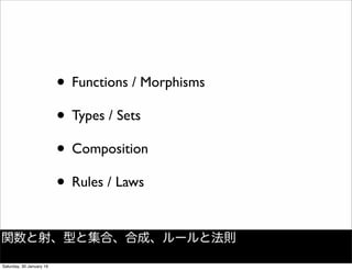 &bull; Functions / Morphisms
&bull; Types / Sets
&bull; Composition
&bull; Rules / Laws
関数と射、型と集合、合成、ルールと法則
Saturday, 30 January 16
 