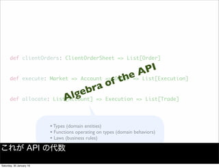 def clientOrders: ClientOrderSheet => List[Order]
def execute: Market => Account => Order => List[Execution]
def allocate: List[Account] => Execution => List[Trade]
&bull;Types (domain entities)
&bull; Functions operating on types (domain behaviors)
&bull; Laws (business rules)
Algebra of the API
これが API の代数
Saturday, 30 January 16
 