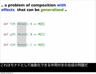 def f[M: Monad]: A => M[B]
def g[M: Monad]: B => M[C]
def h[M: Monad]: C => M[D]
.. a problem of composition with
effects that can be generalized ..
これはモナドとして抽象化できる作用付きの合成の問題だ
Saturday, 30 January 16
 