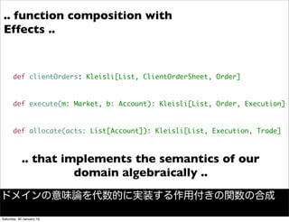 def clientOrders: Kleisli[List, ClientOrderSheet, Order]
def execute(m: Market, b: Account): Kleisli[List, Order, Execution]
def allocate(acts: List[Account]): Kleisli[List, Execution, Trade]
.. that implements the semantics of our
domain algebraically ..
.. function composition with
Effects ..
ドメインの意味論を代数的に実装する作用付きの関数の合成
Saturday, 30 January 16
 
