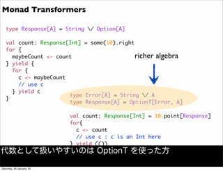 type Response[A] = String / Option[A]
val count: Response[Int] = some(10).right
for {
maybeCount <- count
} yield {
for {
c <- maybeCount
// use c
} yield c
}
type Error[A] = String / A
type Response[A] = OptionT[Error, A]
val count: Response[Int] = 10.point[Response]
for{
c <- count
// use c : c is an Int here
} yield (())
Monad Transformers
richer algebra
代数として扱いやすいのは OptionT を使った方
Saturday, 30 January 16
 