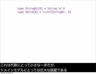 type StringOr[A] = String / A
type Valid[A] = ListT[StringOr, A]
これは代数にとって小さな一歩だが、
ドメインモデルにとっては巨大な跳躍である
Saturday, 30 January 16
 