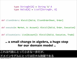 type StringOr[A] = String / A
type Valid[A] = ListT[StringOr, A]
def clientOrders: Kleisli[Valid, ClientOrderSheet, Order]
def execute(m: Market, b: Account): Kleisli[Valid, Order, Execution]
def allocate(acts: List[Account]): Kleisli[Valid, Execution, Trade]
.. a small change in algebra, a huge step
for our domain model ..
これは代数にとって小さな一歩だが、
ドメインモデルにとっては巨大な跳躍である
Saturday, 30 January 16
 