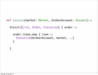 def execute(market: Market, brokerAccount: Account) =
kleisli[List, Order, Execution] { order =>
order.items.map { item =>...