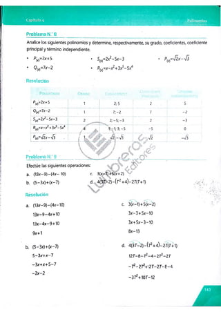 Problema N.‘ 8
Analice los siguientes polinomios y determine, respectivamente, su grado, coeficientes, coeficiente
principal y término independiente.
• PM=2x+5
' <?M=7* - 2
• S ^ S x - 3 *
• R^=x-x¿+3)^-Sx4
Resolución
INOI
Pw=2x+5 1
• . .
2; 5 2 5
P «-7*-2 , 7;-2 7 -2
S ^ p ^ -S x -S
2 2;-5;-3 2 -3
ffM=x-x2+3x3-5x4
X ,é>
.  l ; 3;-5 -5 0
P(x)='¡2x-f3 1 ¡fk w -
...<¡___ .....
é j^ y fZ -y¡3
¿te?.-jS
i
Problema N.* B «
<
á#
-£
■M .
’’
<
X %
í
Efectúe las siguientes operaciones:
a. (13x-9)-(4x- 10)
b. (5-3x)+(x-7)
« ,
—S
^
zJfcy
y
i
.¿7%%
%
gí 1 / C ^
c. 3(x.~'Í)+'S(x+2)
. H
,
í'X A ,
d.. 4(37"—
2)—
(í-2+4)—
27"{7'+1)
%
Resolución
a. (13x-9)-(4x-10)
13x-9-4x+10
13x-4x-9+10
9x+1
c. 3(x-1) +5(x-2)
3x-3+5x-10
3x+5x-3-10
8x-13
b. (5-3x) +(x-7)
5-3x+ x-7
-3x+ x+ 5-7
-2 x-2
d. 4(3 T-
—
2)—
(7a+4)—
2T(T+1)
127-8-72-4 -2 7 5-27
- f- 2 f+ m ~ 2 T - S - 4
-37^+107-12
 