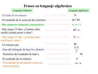 Frases en lenguaje algebraico
Lenguaje ordinario
· El triple de un número 3x
· El cuadrado de la suma de dos números
· Hoy tengo 15 años. ¿Cuántos años
tenía hace y años?
Lenguaje algebraico
(a + b)2
· Hoy tengo 15 años. ¿Cuántos años
tendré cuando pasen x años?
15 + x
· Dos números naturales consecutivos n, n + 1
15 – y
· Un número par 2n
· Área del triángulo de base b y altura h
2
· h
b
Perímetro del cuadrado de lado x 4x
El cuadrado de un número x2
El cuadrado de un número menos el
mismo número
x2
– x
 