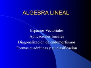 ALGEBRA LINEALALGEBRA LINEAL
Espacios Vectoriales
Aplicaciones lineales
Diagonalización de endomorfismos
Formas cuadráticas y su clasificación
 