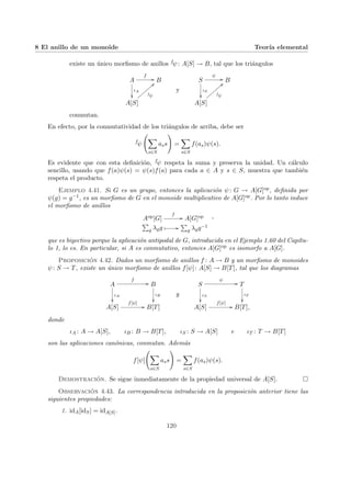 8 El anillo de un monoide Teorı́a elemental
existe un único morfismo de anillos fψ: A[S] → B, tal que los triángulos
A
f
//
ιA
²²
B
A[S]
fψ
==
{
{
{
{
{
{
{
{
y
S
ψ
//
ιS
²²
B
A[S]
fψ
==
{
{
{
{
{
{
{
{
conmutan.
En efecto, por la conmutatividad de los triángulos de arriba, debe ser
f
ψ
Ã
X
s∈S
ass
!
=
X
s∈S
f(as)ψ(s).
Es evidente que con esta definición, fψ respeta la suma y preserva la unidad. Un cálculo
sencillo, usando que f(a)ψ(s) = ψ(s)f(a) para cada a ∈ A y s ∈ S, muestra que también
respeta el producto.
Ejemplo 4.41. Si G es un grupo, entonces la aplicación ψ: G → A[G]op, definida por
ψ(g) = g−1, es un morfismo de G en el monoide multiplicativo de A[G]op. Por lo tanto induce
el morfismo de anillos
Aop[G]
f
// A[G]op
P
g λgg Â //
P
g λgg−1
,
que es biyectivo porque la aplicación antipodal de G, introducida en el Ejemplo 1.60 del Capı́tu-
lo 1, lo es. En particular, si A es conmutativo, entonces A[G]op es isomorfo a A[G].
Proposición 4.42. Dados un morfismo de anillos f : A → B y un morfismo de monoides
ψ: S → T, existe un único morfismo de anillos f[ψ]: A[S] → B[T], tal que los diagramas
A
f
//
ιA
²²
B
ιB
²²
A[S]
f[ψ]
// B[T]
y
S
ψ
//
ιS
²²
T
ιT
²²
A[S]
f[ψ]
// B[T],
donde
ιA : A → A[S], ιB : B → B[T], ιS : S → A[S] e ιT : T → B[T]
son las aplicaciones canónicas, conmutan. Además
f[ψ]
Ã
X
s∈S
ass
!
=
X
s∈S
f(as)ψ(s).
Demostración. Se sigue inmediatamente de la propiedad universal de A[S]. ¤
Observación 4.43. La correspondencia introducida en la proposición anterior tiene las
siguientes propiedades:
1. idA[idS] = idA[S].
120
 