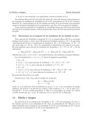 14 Núcleo e imagen Teorı́a elemental
2. Si g¨§¦¥¡¢£¤f es una retracción o un epimorfismo, entonces también lo es g.
Los sı́mbolos HomA(M, M0), IsoA(M, M0), EndA M y AutA M denotan respectivamente a
los conjuntos de morfismos de A-módulos de M en M0, isomorfismos de M en M0, endomor-
fismos de M y automorfismos de M. Es evidente que EndA M es un monoide (cuyo elemento
neutro es la función identidad) vı́a la composición y que AutA M es su grupo de unidades.
Como veremos enseguida, los morfismos de A-modulos tienen una estructura mucho más
rica que los de monoides, grupos y anillos. En particular, EndA M tiene una estructura natural
de anillo.
13.1. Estructuras en el conjunto de los morfismos de un módulo en otro
Para cada par de A-módulos a izquierda M y N, el conjunto HomA(M, N) es un grupo
abeliano vı́a (f+g)(m) = f(m)+g(m). El neutro es el morfismo nulo 0MN : M → N, que envı́a
cada elemento de M en 0, y el opuesto de un morfismo f : M → N, es la función −f : M → N
que envı́a cada m ∈ M en −f(m). La composición es distributiva con respecto a la suma.
En otras palabras, para cada par de morfismos de A-módulos v: N → N0 y u: M0 → M, las
aplicaciones
v∗ : HomA(M, N) → HomA(M, N0
) y u∗
: HomA(M, N) → HomA(M0
, N),
definidas por v∗(f) = v¨§¦¥¡¢£¤f y u∗(f) = f ¨§¦¥¡¢£¤u respectivamente, son morfismos de grupos abelianos.
Las correspondencias v 7→ v∗ y u 7→ u∗ tienen la siguientes propiedades:
1. id∗ = id.
2. (v0¨§¦¥¡¢£¤v)∗ = v0
∗
¨§¦¥
¡¢£¤v∗ para cada par de morfismos v: N → N0 y v0 : N0 → N00.
3. (v0 + v)∗ = v0
∗ + v∗ para cada par de morfismos v, v0 : N → N0.
4. id∗
= id.
5. (u¨§¦¥¡¢£¤u0)∗ = u0∗ ¨§¦¥
¡¢£¤u∗ para cada par de morfismos u: M0 → M y u0 : M00 → M0.
6. (u0 + u)∗ = u0∗
+ u∗, para cada par de morfismos u, u0 : M0 → M.
En particular EndA(M) es un anillo.
Observación 4.63. Para cada A-módulo M, la función
(36) M // HomA(A, M)
m Â // fm
,
donde fm es la aplicación A-lineal definida por fm(a) = a · m, es un isomorfismo de grupos
abelianos. Su inversa es la función que asigna a cada morfismo f : A → M su valor en 1.
Cuando M = A tiene sentido preguntarse si (36) es un isomorfismo de anillos. Un cálculo
sencillo muestra que fab = fb
¨§¦¥¡¢£¤fa, de modo que si lo es, pero de Aop en EndA(A).
14. Núcleo e imagen
El núcleo ker f de un morfismo de A-módulos f : M → M0 es la preimagen de 0 por f.
Es evidente que ker f es un submódulo de M e Im f un submódulo de M0. Más aún, no es
dificil comprobar que la imagen de un submódulo N de M es un submódulo de M0, y que la
preimagen de un submódulo N0 de M0 es un submódulo de M.
130
 