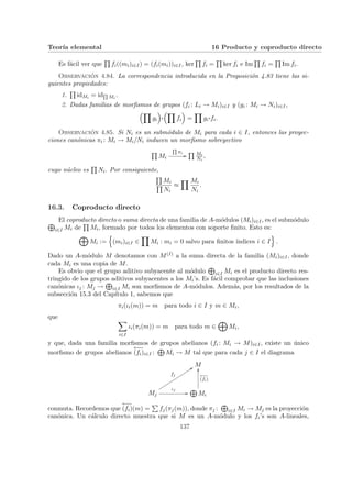 Teorı́a elemental 16 Producto y coproducto directo
Es fácil ver que
Q
fi((mi)i∈I) = (fi(mi))i∈I, ker
Q
fi =
Q
ker fi e Im
Q
fi =
Q
Im fi.
Observación 4.84. La correspondencia introducida en la Proposición 4.83 tiene las si-
guientes propiedades:
1.
Q
idMi = idQ
Mi
.
2. Dadas familias de morfismos de grupos (fi : Li → Mi)i∈I y (gi : Mi → Ni)i∈I,
³Y
gi
´
¨§¦¥¡¢£¤
³Y
fi
´
=
Y
gi
¨§¦¥
¡¢£¤fi.
Observación 4.85. Si Ni es un submódulo de Mi para cada i ∈ I, entonces las proyec-
ciones canónicas πi : Mi → Mi/Ni inducen un morfismo sobreyectivo
Q
Mi
Q
πi
//
Q Mi
Ni
,
cuyo núcleo es
Q
Ni. Por consiguiente,
Q
Mi
Q
Ni
≈
Y Mi
Ni
.
16.3. Coproducto directo
El coproducto directo o suma directa de una familia de A-módulos (Mi)i∈I, es el submódulo
L
i∈I Mi de
Q
Mi, formado por todos los elementos con soporte finito. Esto es:
M
Mi :=
n
(mi)i∈I ∈
Y
Mi : mi = 0 salvo para finitos ı́ndices i ∈ I
o
.
Dado un A-módulo M denotamos con M(I) a la suma directa de la familia (Mi)i∈I, donde
cada Mi es una copia de M.
Es obvio que el grupo aditivo subyacente al módulo
L
i∈I Mi es el producto directo res-
tringido de los grupos aditivos subyacentes a los Mi’s. Es fácil comprobar que las inclusiones
canónicas ιj : Mj →
L
i∈I Mi son morfismos de A-módulos. Además, por los resultados de la
subsección 15.3 del Capı́tulo 1, sabemos que
πi(ιi(m)) = m para todo i ∈ I y m ∈ Mi,
que
X
i∈I
ιi(πi(m)) = m para todo m ∈
M
Mi,
y que, dada una familia morfismos de grupos abelianos (fi : Mi → M)i∈I, existe un único
morfismo de grupos abelianos
←
−
−
(fi)i∈I :
L
Mi → M tal que para cada j ∈ I el diagrama
M
Mj
fj
99
t
t
t
t
t
t
t
t
t
t
t
t
t
t ιj
//
L
Mi
←
−
−
(fi)
OO
conmuta. Recordemos que
←
−
−
(fi)(m) =
P
fj(πj(m)), donde πj :
L
i∈I Mi → Mj es la proyección
canónica. Un cálculo directo muestra que si M es un A-módulo y los fi’s son A-lineales,
137
 