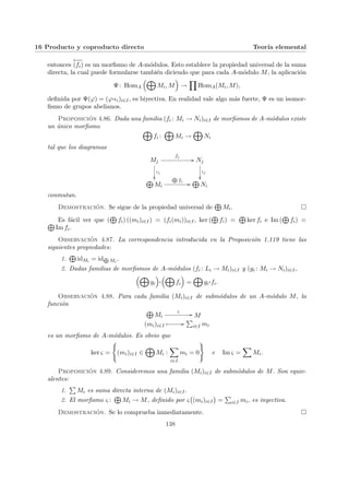 16 Producto y coproducto directo Teorı́a elemental
entonces
←
−
−
(fi) es un morfismo de A-módulos. Esto establece la propiedad universal de la suma
directa, la cual puede formularse también diciendo que para cada A-módulo M, la aplicación
Ψ: HomA
³M
Mi, M
´
→
Y
HomA(Mi, M),
definida por Ψ(ϕ) = (ϕ¨§¦¥¡¢£¤ιi)i∈I, es biyectiva. En realidad vale algo más fuerte, Ψ es un isomor-
fismo de grupos abelianos.
Proposición 4.86. Dada una familia (fi : Mi → Ni)i∈I de morfismos de A-módulos existe
un único morfismo
M
fi :
M
Mi →
M
Ni
tal que los diagramas
Mj
fj
//
ιj
²²
Nj
ιj
²²
L
Mi
L
fi
//
L
Ni
conmutan.
Demostración. Se sigue de la propiedad universal de
L
Mi. ¤
Es fácil ver que (
L
fi) ((mi)i∈I) = (fi(mi))i∈I, ker (
L
fi) =
L
ker fi e Im (
L
fi) =
L
Im fi.
Observación 4.87. La correspondencia introducida en la Proposición 1.119 tiene las
siguientes propiedades:
1.
L
idMi = idL
Mi
.
2. Dadas familias de morfismos de A-módulos (fi : Li → Mi)i∈I y (gi : Mi → Ni)i∈I,
³M
gi
´
¨§¦¥¡¢£¤
³M
fi
´
=
M
gi
¨§¦¥
¡¢£¤fi.
Observación 4.88. Para cada familia (Mi)i∈I de submódulos de un A-módulo M, la
función
L
Mi
ς
// M
(mi)i∈I
Â //
P
i∈I mi
es un morfismo de A-módulos. Es obvio que
ker ς =
(
(mi)i∈I ∈
M
Mi :
X
i∈I
mi = 0
)
e Im ς =
X
Mi.
Proposición 4.89. Consideremos una familia (Mi)i∈I de submódulos de M. Son equiv-
alentes:
1.
P
Mi es suma directa interna de (Mi)i∈I.
2. El morfismo ς :
L
Mi → M, definido por ς
¡
(mi)i∈I
¢
=
P
i∈I mi, es inyectiva.
Demostración. Se lo comprueba inmediatamente. ¤
138
 
