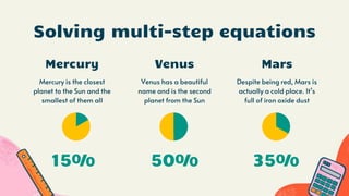 Solving multi-step equations
Mars
Mercury
Mercury is the closest
planet to the Sun and the
smallest of them all
Venus has a beautiful
name and is the second
planet from the Sun
Despite being red, Mars is
actually a cold place. It’s
full of iron oxide dust
Venus
15% 50% 35%
 