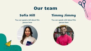 Our team
Sofia Hill Timmy Jimmy
You can speak a bit about this
person here
You can speak a bit about this
person here
 