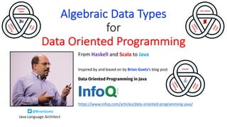 Algebraic Data Types
for
Data Oriented Programming
From Haskell and Scala to Java
Data Oriented Programming in Java
https://www.infoq.com/articles/data-oriented-programming-java/
Inspired by and based on by Brian Goetz’s blog post
@BrianGoetz
Java Language Architect
 