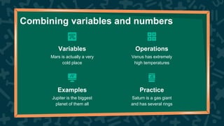 Combining variables and numbers
Mars is actually a very
cold place
Venus has extremely
high temperatures
Jupiter is the biggest
planet of them all
Saturn is a gas giant
and has several rings
Variables
Examples
Operations
Practice
 