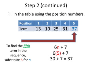 Step 2 (continued) Fill in the table using the position numbers. To find the  fifth  term in the sequence, substitute  5  for  n . 6 n  + 7 6 (5)  + 7 30 + 7 = 37 13 19 25 31 37 Position 1 2 3 4 5 Term 