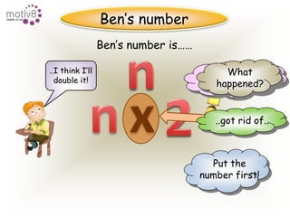 Ben’s numbernnBen’s number is……..I think I’lldouble it!Whathappened?in algebra this is……nx22..got rid of..Put thenumber first!