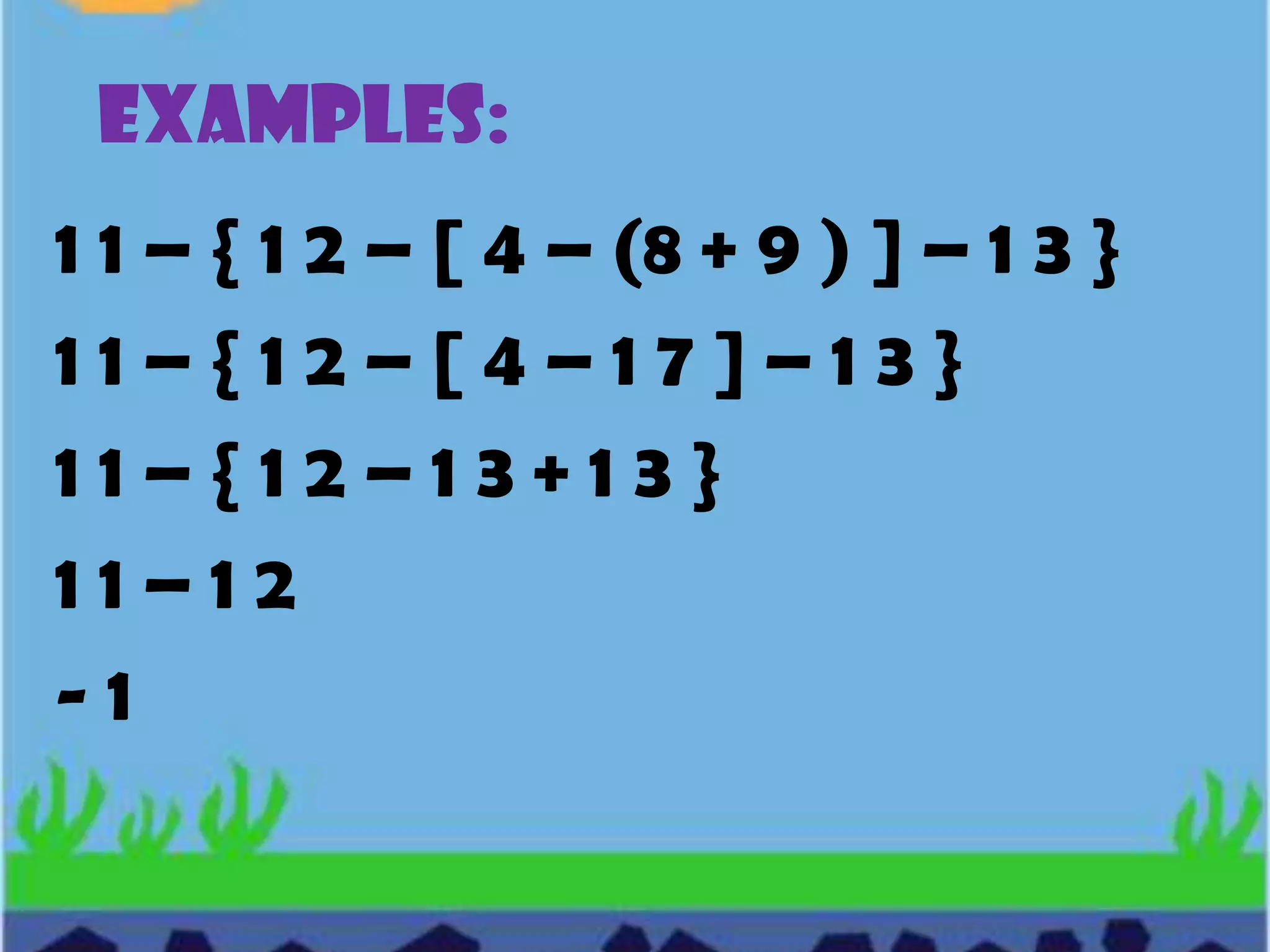 FACTORSThe numbers and symbols in a product.EXAMPLES:(-3) (2) = -6         Factors          product(-3 x ) (2 x ) = -6 x2         Factors          product