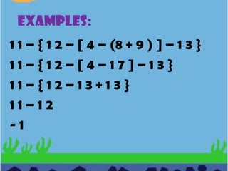 FACTORSThe numbers and symbols in a product.EXAMPLES:(-3) (2) = -6         Factors          product(-3 x ) (2 x ) = -6 x2         Factors          product
