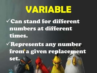 In the language of algebra, letters along with numbers and operation symbols  are used to create expressions.VARIABLECan stand for different numbers at different times.