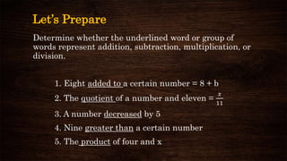 Let’s Prepare
Determine whether the underlined word or group of
words represent addition, subtraction, multiplication, or
division.
1. Eight added to a certain number = 8 + b
2. The quotient of a number and eleven =
𝑥
11
3. A number decreased by 5
4. Nine greater than a certain number
5. The product of four and x
 