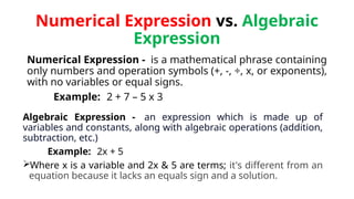 ALGEBRAIC EXPRESSIONS constant, variables, terms, coefficient .pptx