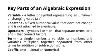 ALGEBRAIC EXPRESSIONS constant, variables, terms, coefficient .pptx