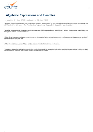 Algebraic Expressions and Identities
posted on: 01 Jun, 2012 | updated on: 07 Jun, 2012
Powered by TCPDF (www.tcpdf.org)