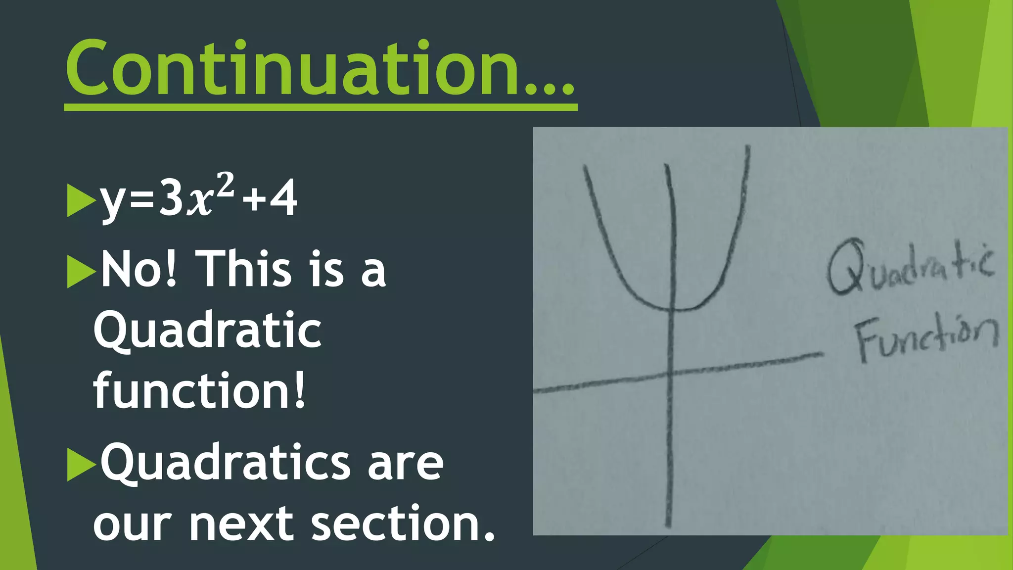 Continuation…
y=3𝒙 𝟐+4
No! This is a
Quadratic
function!
Quadratics are
our next section.
 