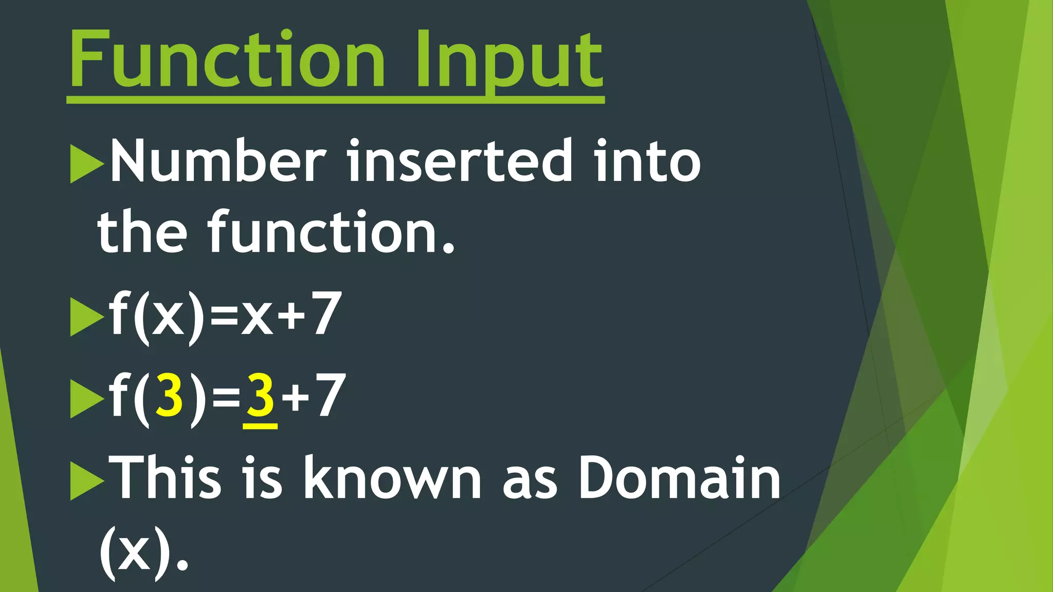 Function Input
Number inserted into
the function.
f(x)=x+7
f(3)=3+7
This is known as Domain
(x).
 