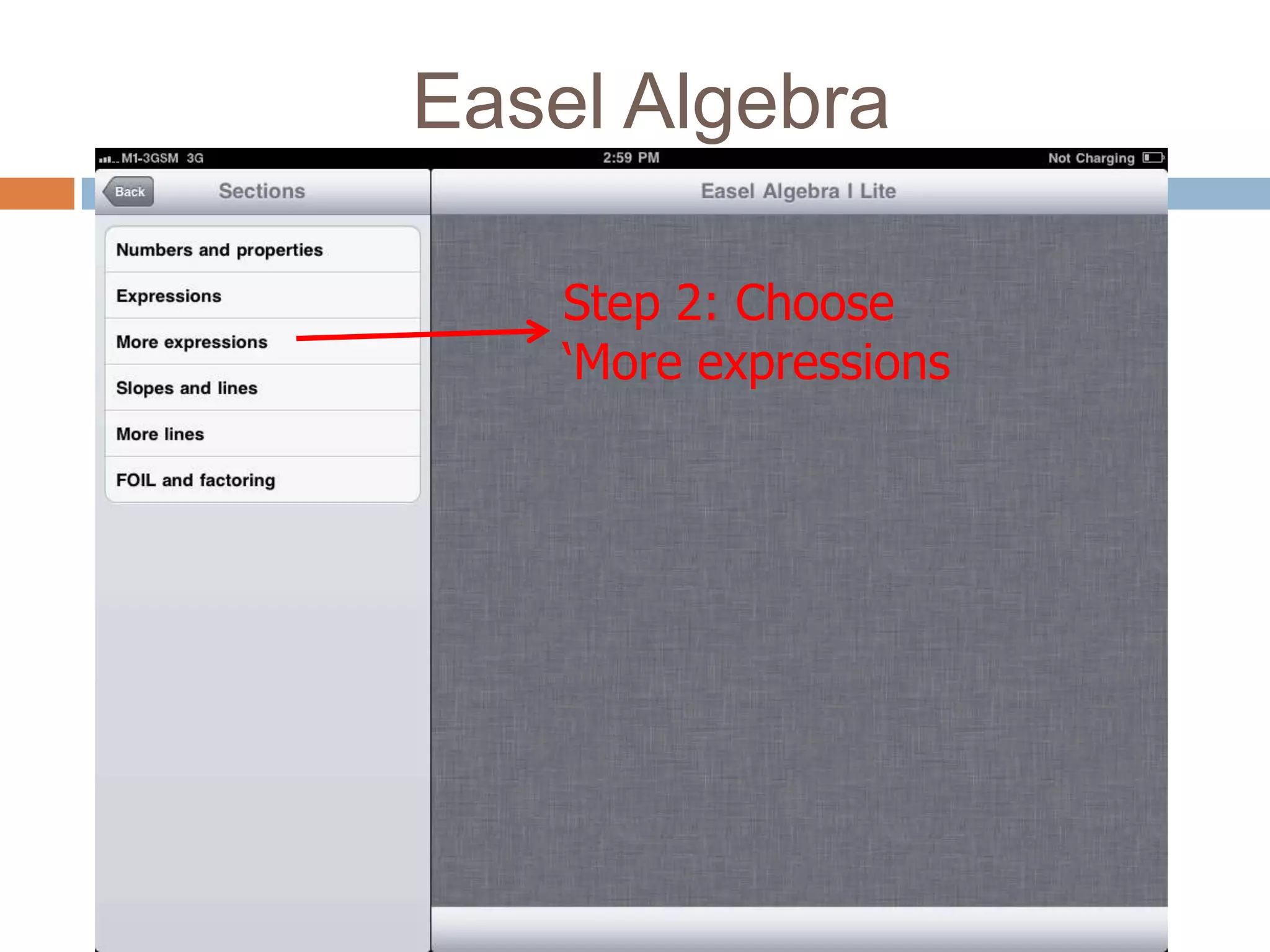 Easel Algebra

    Step 2: Choose
    ‘More expressions
 