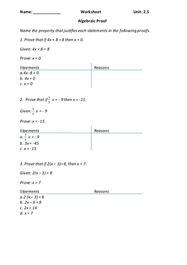 Algebraic Proof Worksheet