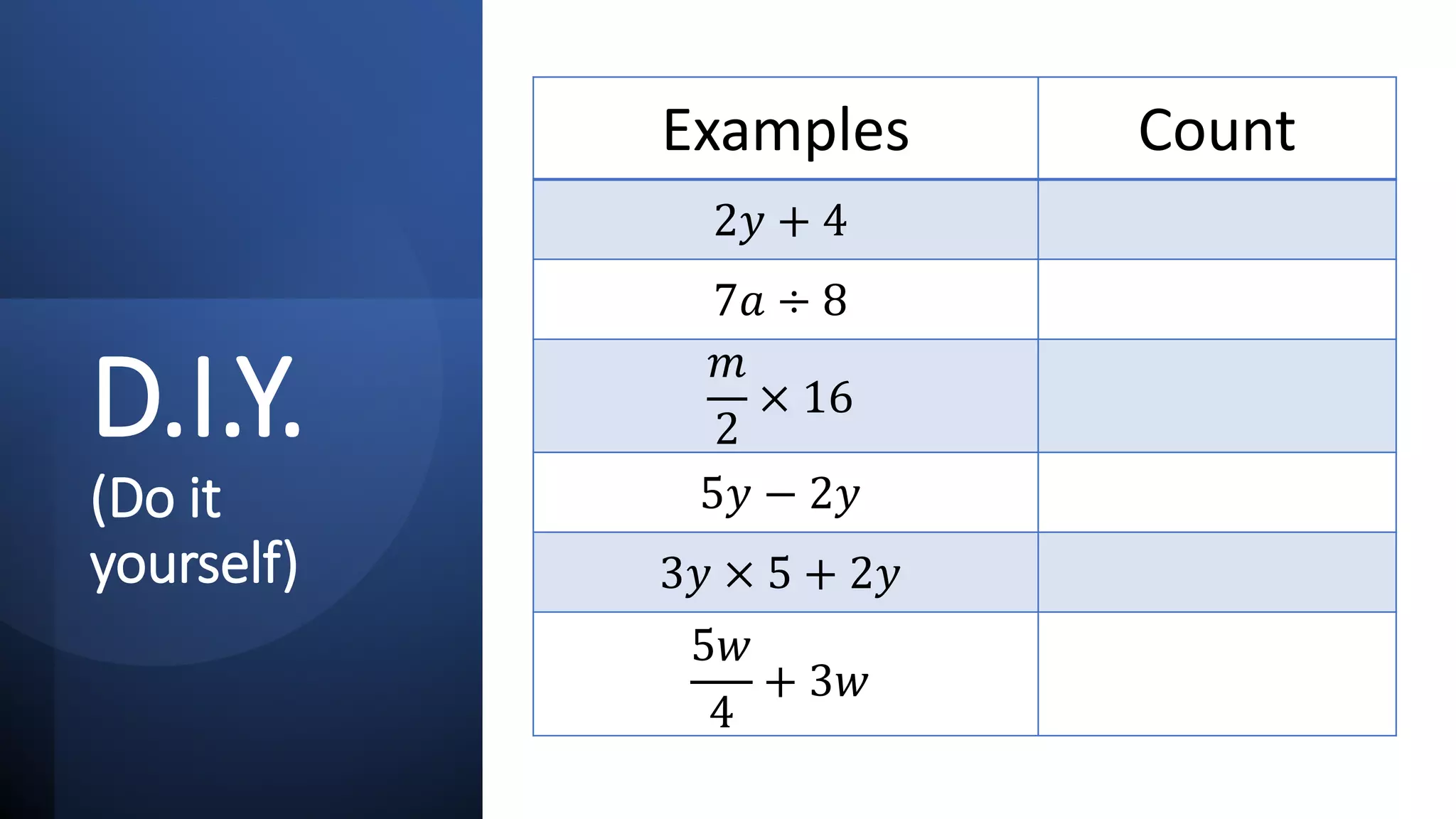 D.I.Y.
(Do it
yourself)
Examples Count
2𝑦𝑦 + 4
7𝑎𝑎 ÷ 8
𝑚𝑚
2
× 16
5𝑦𝑦 − 2𝑦𝑦
3𝑦𝑦 × 5 + 2𝑦𝑦
5𝑤𝑤
4
+ 3𝑤𝑤
 