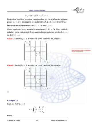 Forma Canˆonica de Jordan
pm = (x − 2)2
(x − 3)2
(x − 1) .
Determine, tamb´em, em cada caso poss´ıvel, as dimens˜oes dos autoes-
pac¸os E1, E2 e E3 associados aos autovalores 1, 2 e 3, respectivamente.
Podemos ver facilmente que dim(E1) = 1 e dim(E2) = 2.
Como o primeiro bloco associado ao autovalor 3 ´e 2 × 2 e 3 tem multipli-
cidade 4 como raiz do polinˆomio caracter´ıstico, podemos ter dim(E3) = 2
ou dim(E3) = 3.
Nas matrizes ao lado, os espac¸os
vazios indicam zeros.
Caso 1. Se dim(E3) = 2, a matriz na forma canˆonica de Jordan ´e















3 0
1 3
3 0
1 3
2 0
1 2
2
1















8×8
.
Caso 2. Se dim(E3) = 3, a matriz na forma canˆonica de Jordan ´e















3 0
1 3
3
3
2 0
1 2
2
1















8×8
.
Exemplo 3.7
Seja A a matriz 3 × 3
A =


2 1 3
−1 −2 1
3 −1 4

 .
Ent˜ao,
J. Delgado - K. Frensel 241 Instituto de Matem´atica - UFF
 