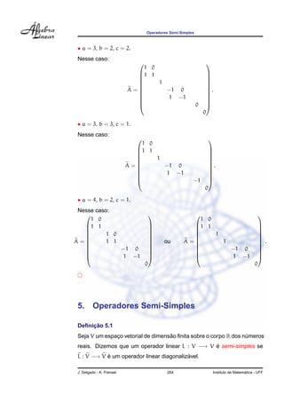 Operadores Semi-Simples
• a = 3, b = 2, c = 2.
Nesse caso:
A =











1 0
1 1
1
−1 0
1 −1
0
0











.
• a = 3, b = 3, c = 1.
Nesse caso:
A =











1 0
1 1
1
−1 0
1 −1
−1
0











.
• a = 4, b = 2, c = 1.
Nesse caso:
A =











1 0
1 1
1 0
1 1
−1 0
1 −1
0











ou A =











1 0
1 1
1
1
−1 0
1 −1
0











.
5. Operadores Semi-Simples
Deﬁnic¸ ˜ao 5.1
Seja V um espac¸o vetorial de dimens˜ao ﬁnita sobre o corpo R dos n´umeros
reais. Dizemos que um operador linear L : V −→ V ´e semi-simples se
L : V −→ V ´e um operador linear diagonaliz´avel.
J. Delgado - K. Frensel 264 Instituto de Matem´atica - UFF
 